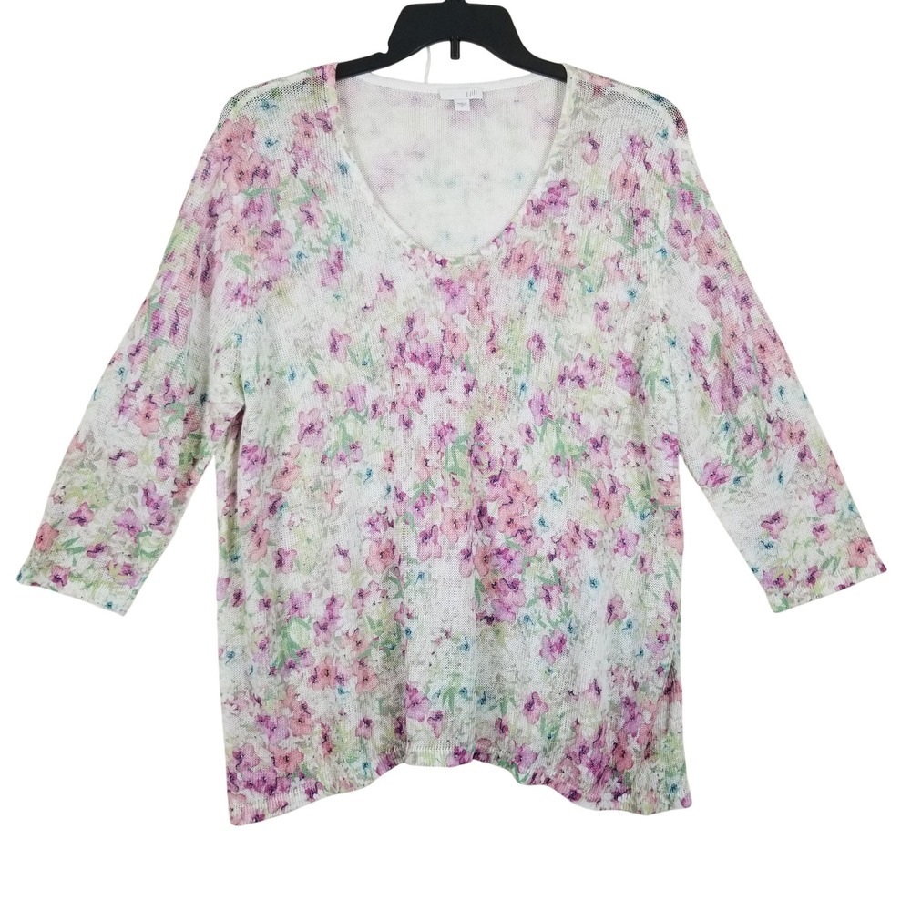J. Jill Women XL‎ Linen Blend Floral V-Neck Sweater 3/4 Sleeve Pink White Knit